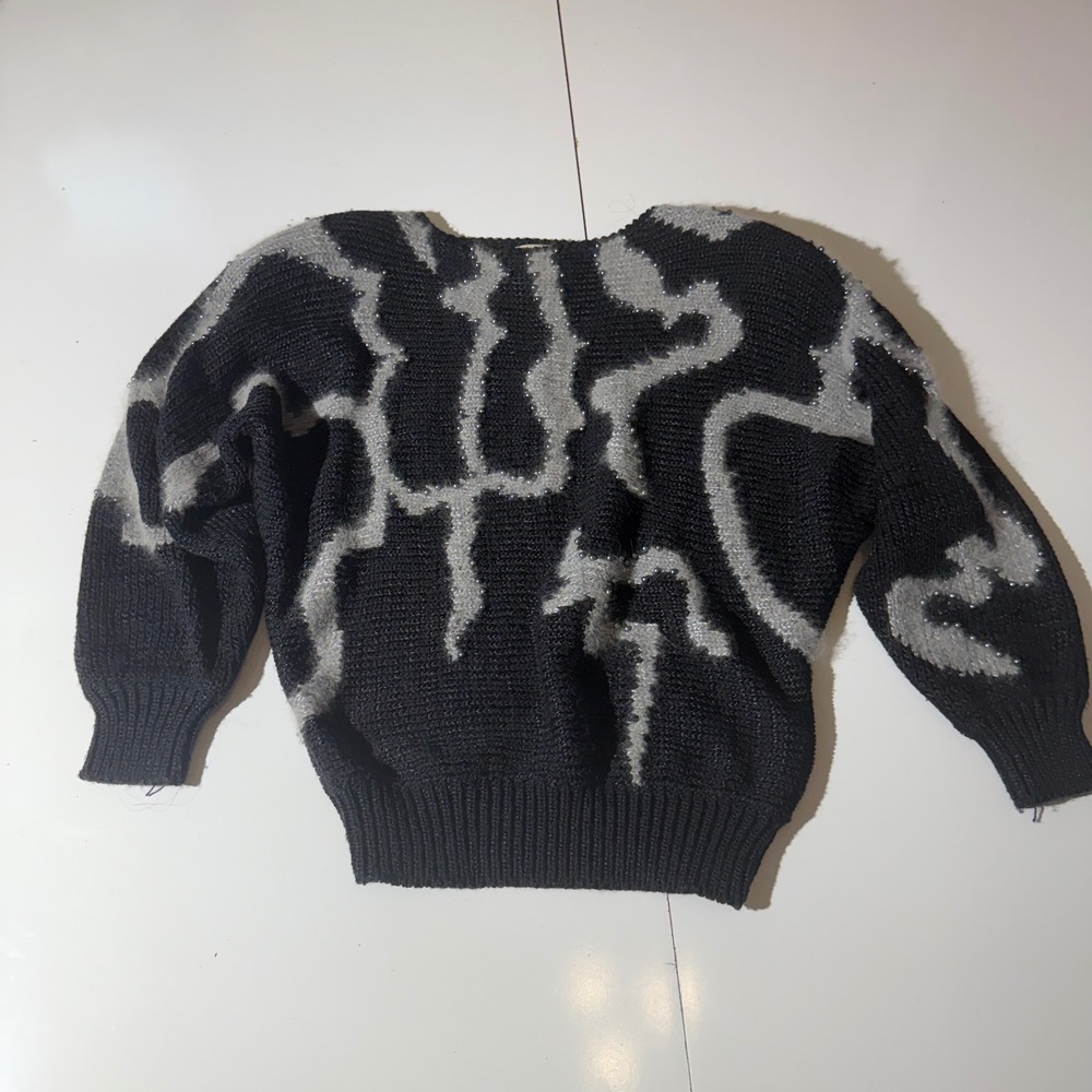 Vintage 80s Christine Beaded Abstract Knit Angora Blend Sweater Black Silver S